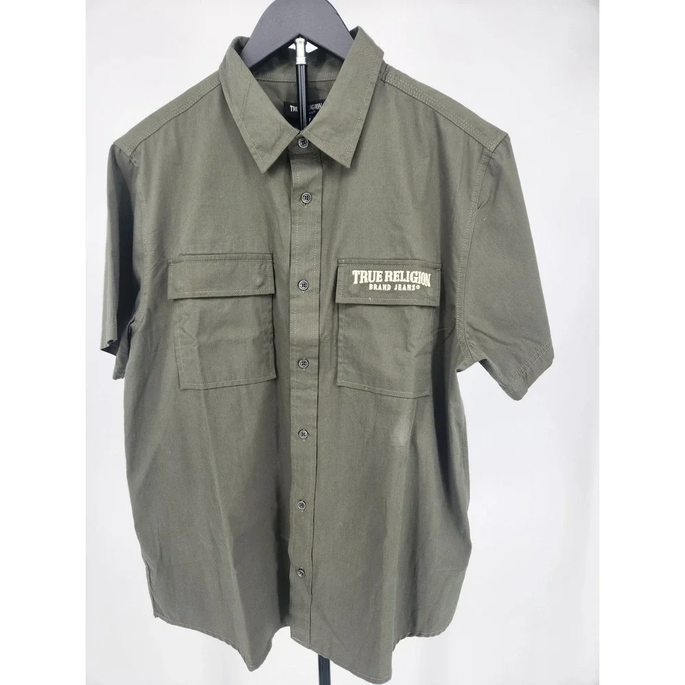 True Religion Mens Olive Green Short Sleeve Button Down Utility Shirt Size M NWT